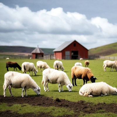 Sheep grazing near a barn