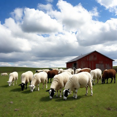Sheep grazing near a red barn