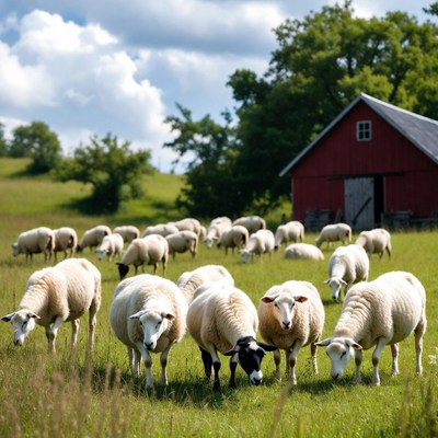 Sheep grazing near red barn in fields