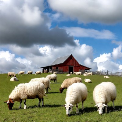 Sheep grazing near a red barn
