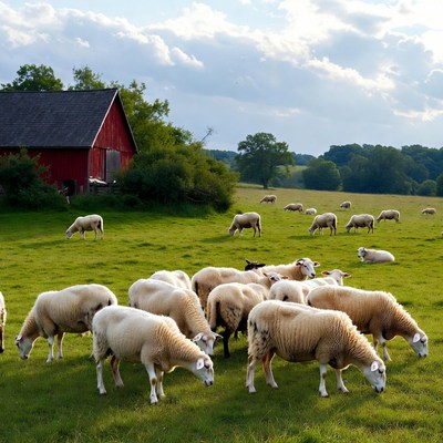 Sheep grazing in a green field near barn