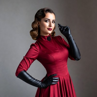 Stylish woman in red dress poses