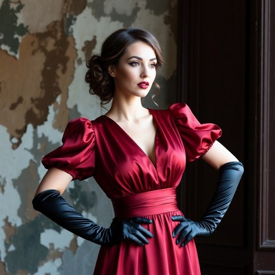 Model in red dress poses indoors