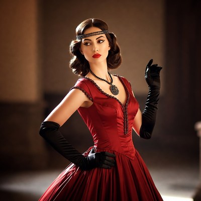 Woman in red dress poses elegantly indoors