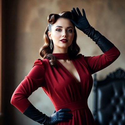 Woman in vintage dress poses indoors