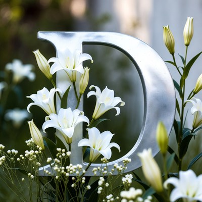 Large letter d with flowers in garden