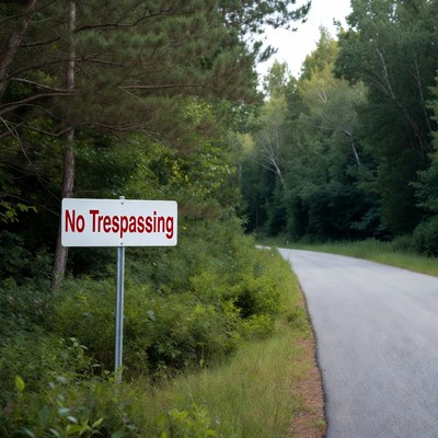 No trespassing sign on a forest road