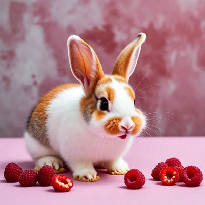Rabbit enjoying raspberries on a pink surface