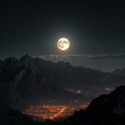 Bright moon above mountain valley