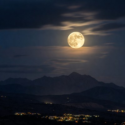 Full moon over mountain landscape at night