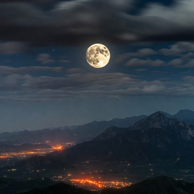 Full moon over city lights at night
