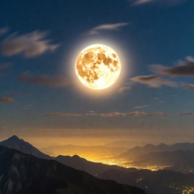 Bright moon over mountain valley at night