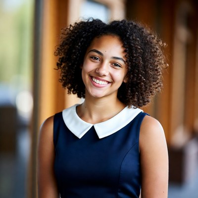 Girl smiling near wooden building