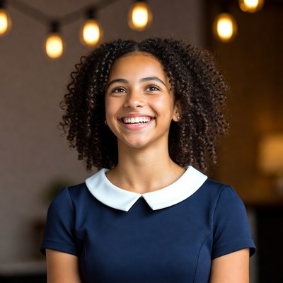 Girl smiling under warm lights