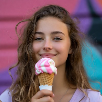 Girl enjoying ice cream outdoors in summer