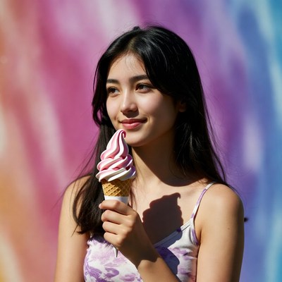 Enjoying ice cream at colorful wall