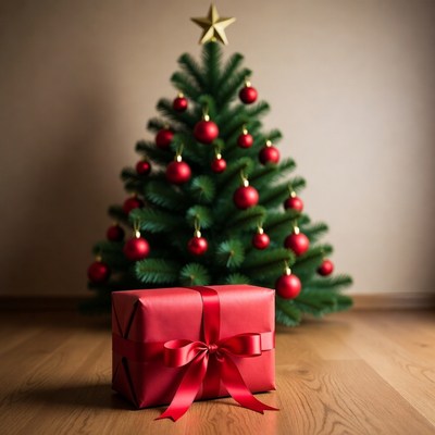 Christmas tree and gift display indoors