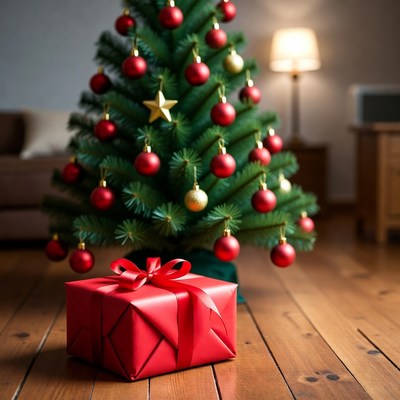 Gift under christmas tree at home