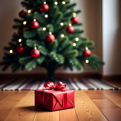 Christmas gift near decorated tree