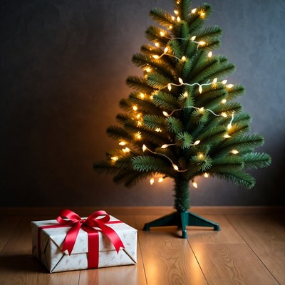 Christmas tree with gift box under lights