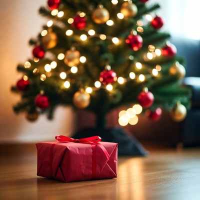 Red gift near christmas tree with lights