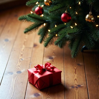 Christmas gift under decorated tree