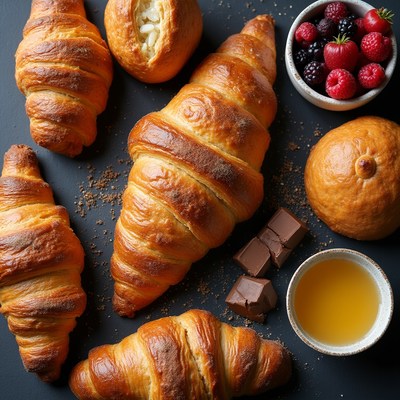 Fresh baked goods and berries on table