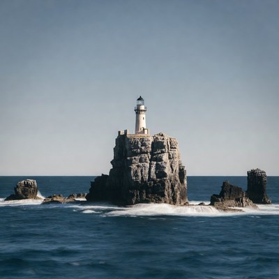 Lighthouse on rocky island in ocean