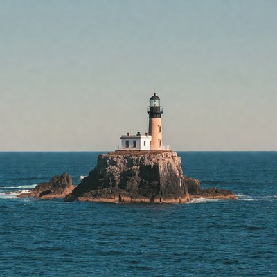 Lighthouse stands on rocky island