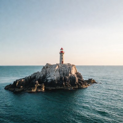 Lighthouse on rocky island at sunset