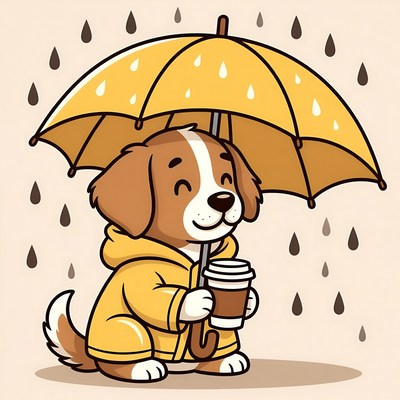 Dog with umbrella in the rain