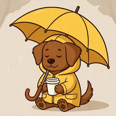 Dog with umbrella enjoys warm drink
