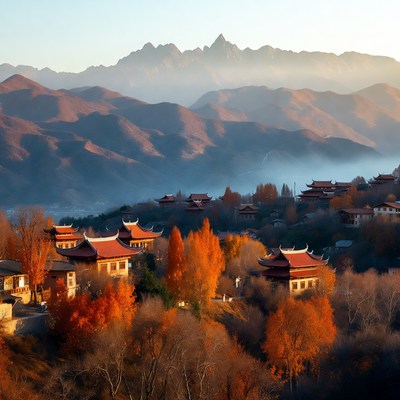 Mountain village at sunset in autumn