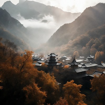 Mountain village in autumn mist