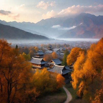 Autumn in mountain village with fog
