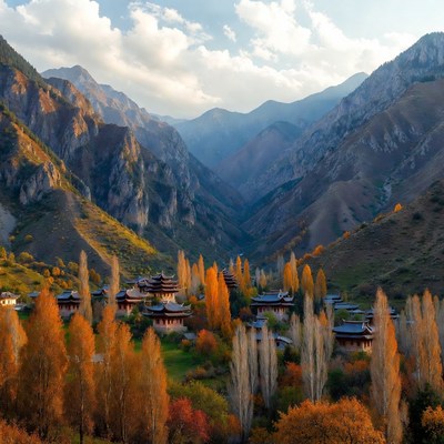 Mountains and villages in autumn light