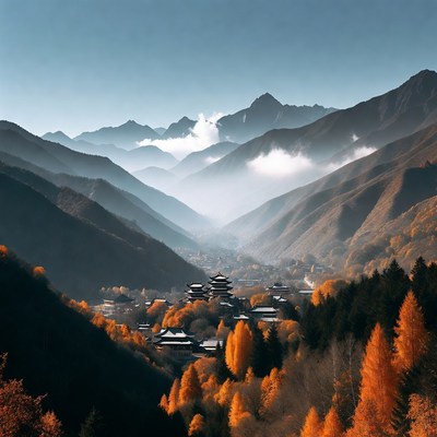 Mountains and valley with autumn colors