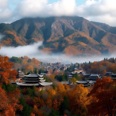 Autumn view of mountains and pagodas