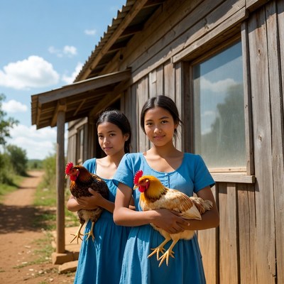 Girls holding chickens by cabin