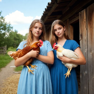 Girls holding chickens at farm
