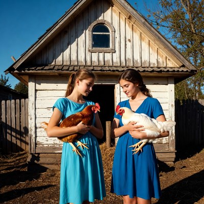 Girls holding chickens on a farm