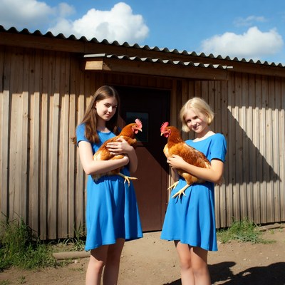 Two girls hold chickens outside barn