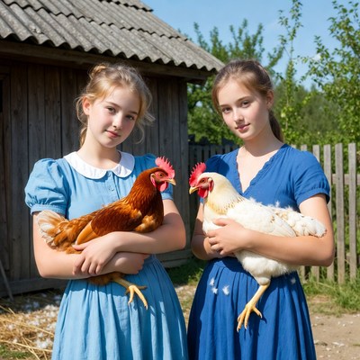 Girls holding chickens in garden