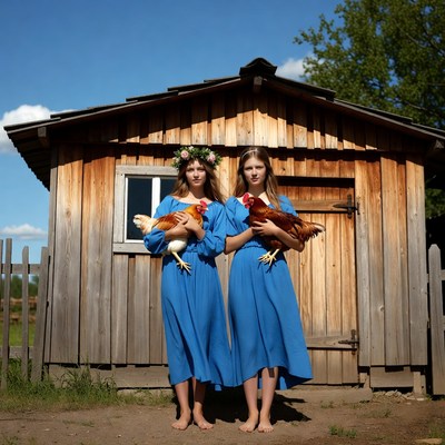 Girls holding chickens by barn