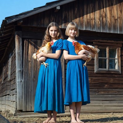 Girls holding chickens outdoors