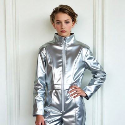 Child in shiny silver outfit standing