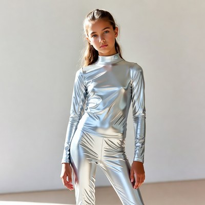 Girl in silver outfit poses indoors