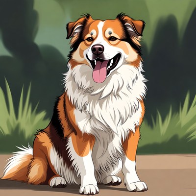 Happy dog sits on pathway