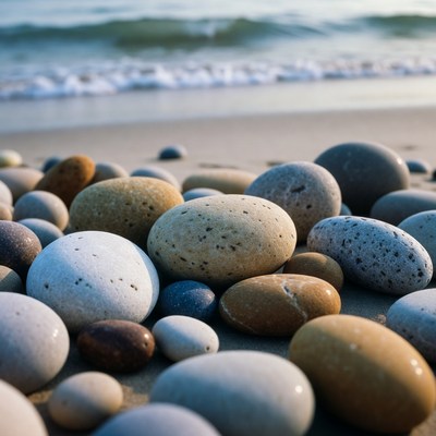 Pebbles on the beach at sunset