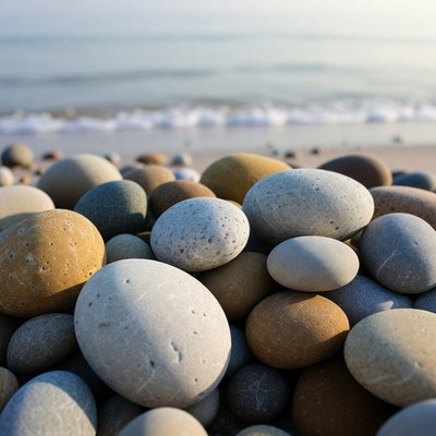 Pebbles on a sandy beach at sunset